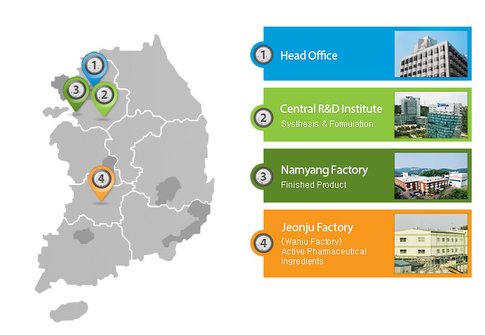 South Korea Location map, head office, namyang factory, central R&D Institute, Jeonju factory, Iksan factory-see below